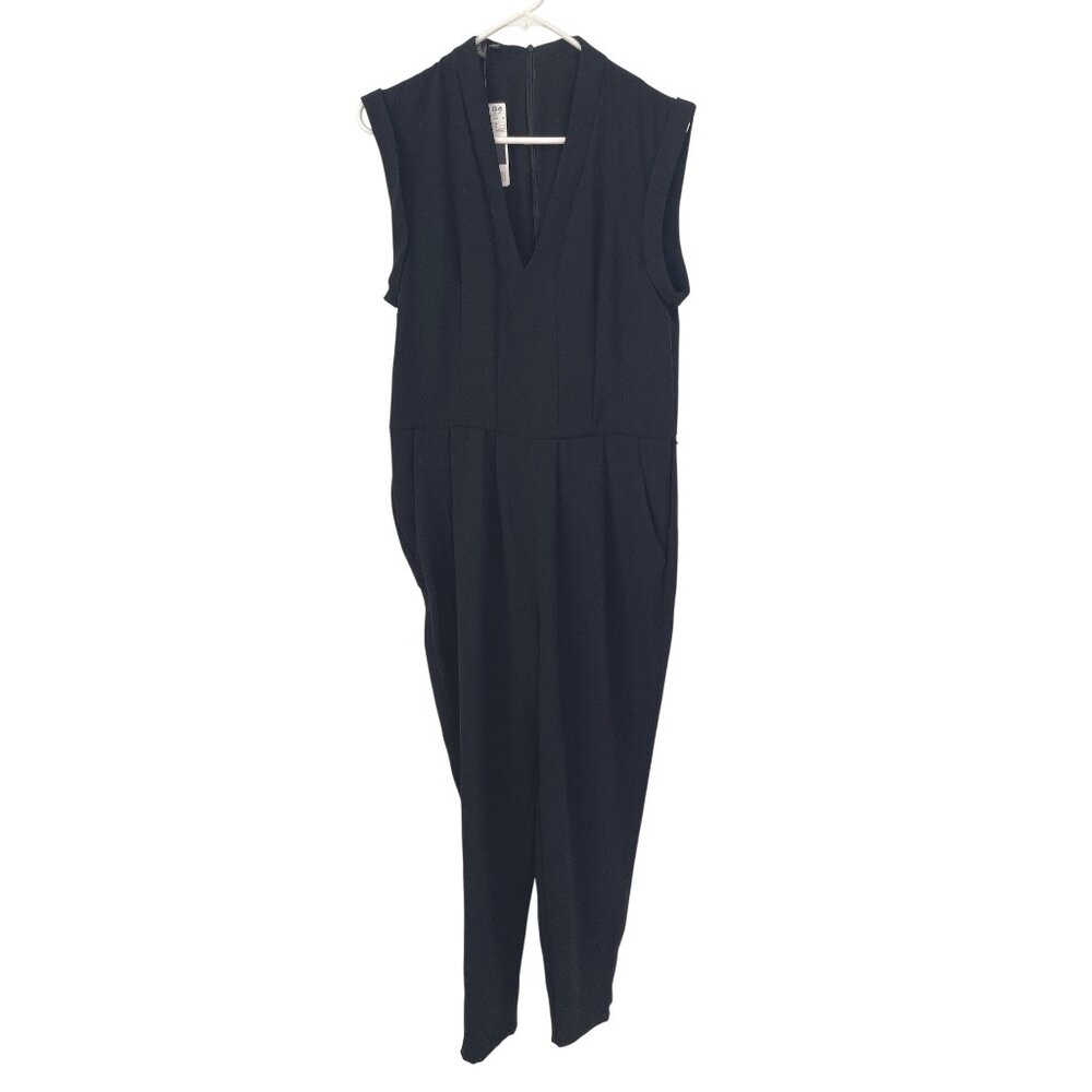 Mango Jumpsuit Size Large Sleeveless VNeck Pleated Solid Black Career Office NEW